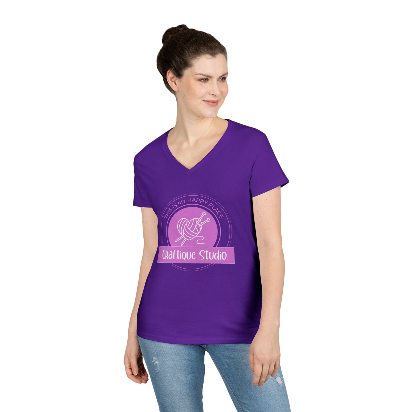 Craftique Studio Knitting Logo V-Neck Tee — Women’s Knitting Crochet T‑Shirt