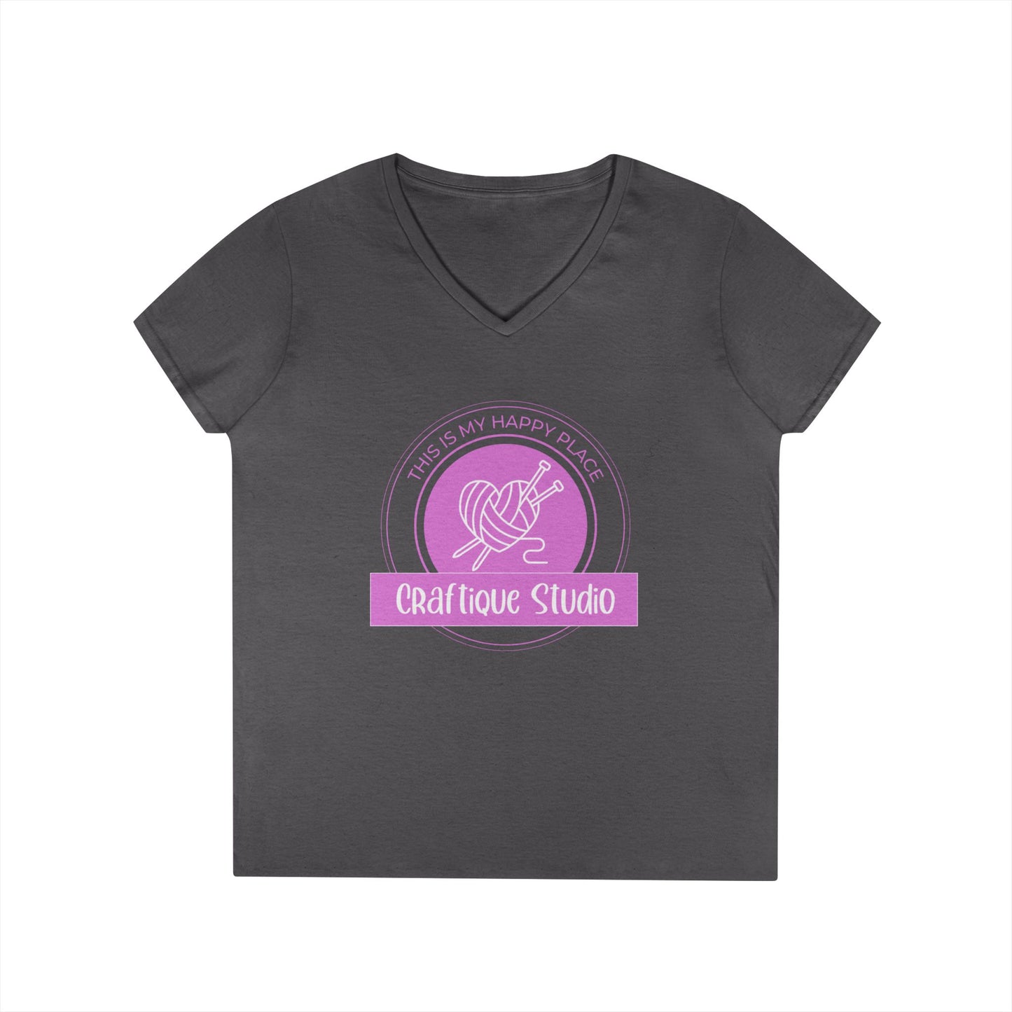 Craftique Studio Knitting Logo V-Neck Tee — Women’s Knitting Crochet T‑Shirt