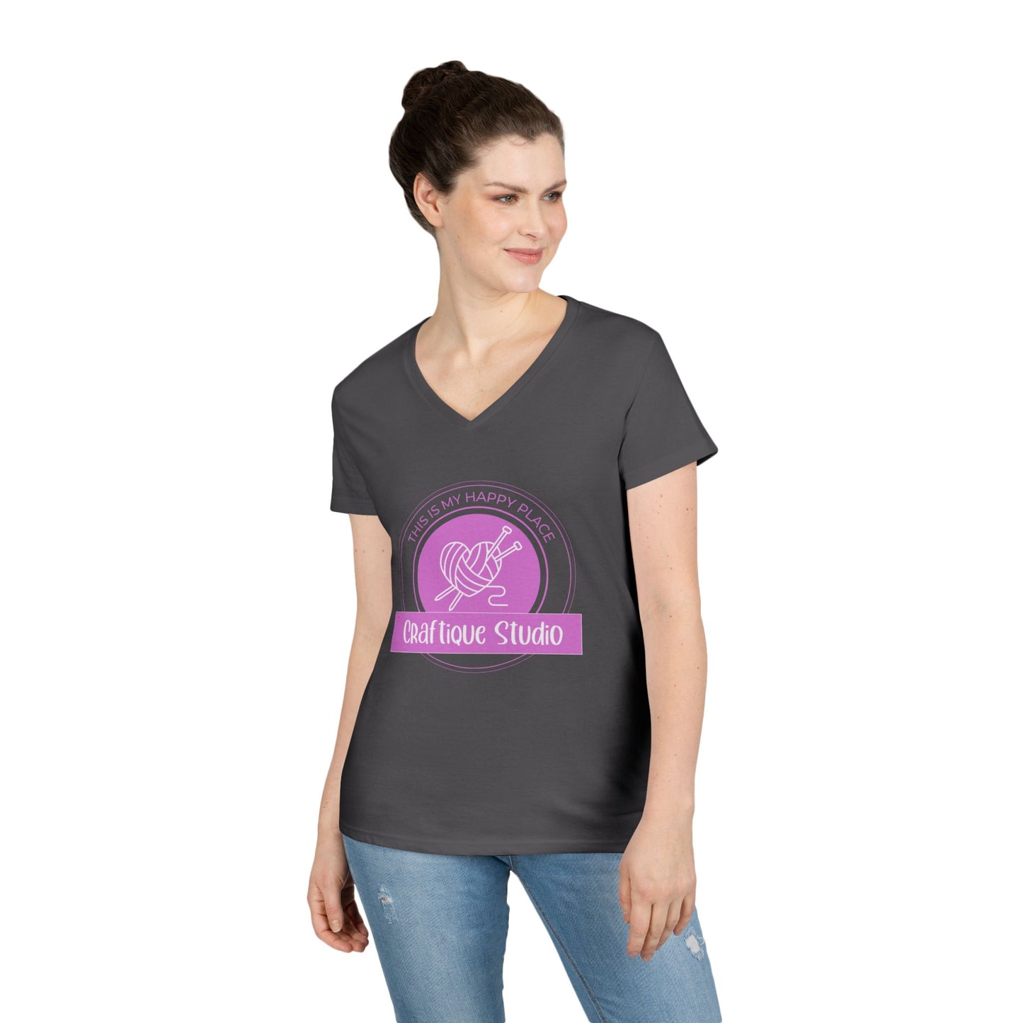 Craftique Studio Knitting Logo V-Neck Tee — Women’s Knitting Crochet T‑Shirt
