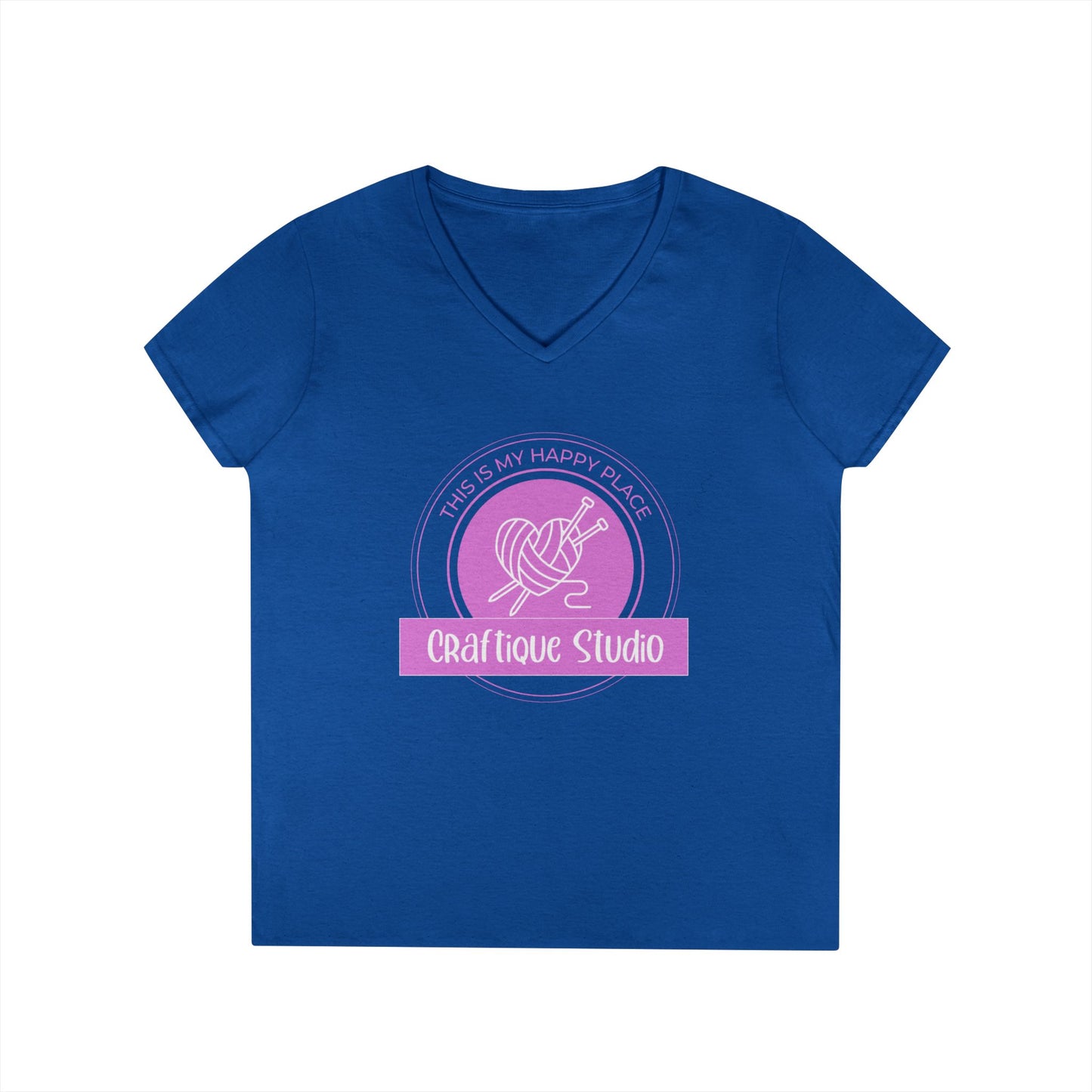 Craftique Studio Knitting Logo V-Neck Tee — Women’s Knitting Crochet T‑Shirt