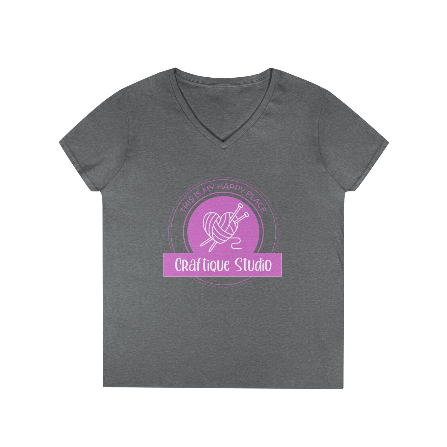 Craftique Studio Knitting Logo V-Neck Tee — Women’s Knitting Crochet T‑Shirt