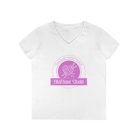 Craftique Studio Knitting Logo V-Neck Tee — Women’s Knitting Crochet T‑Shirt