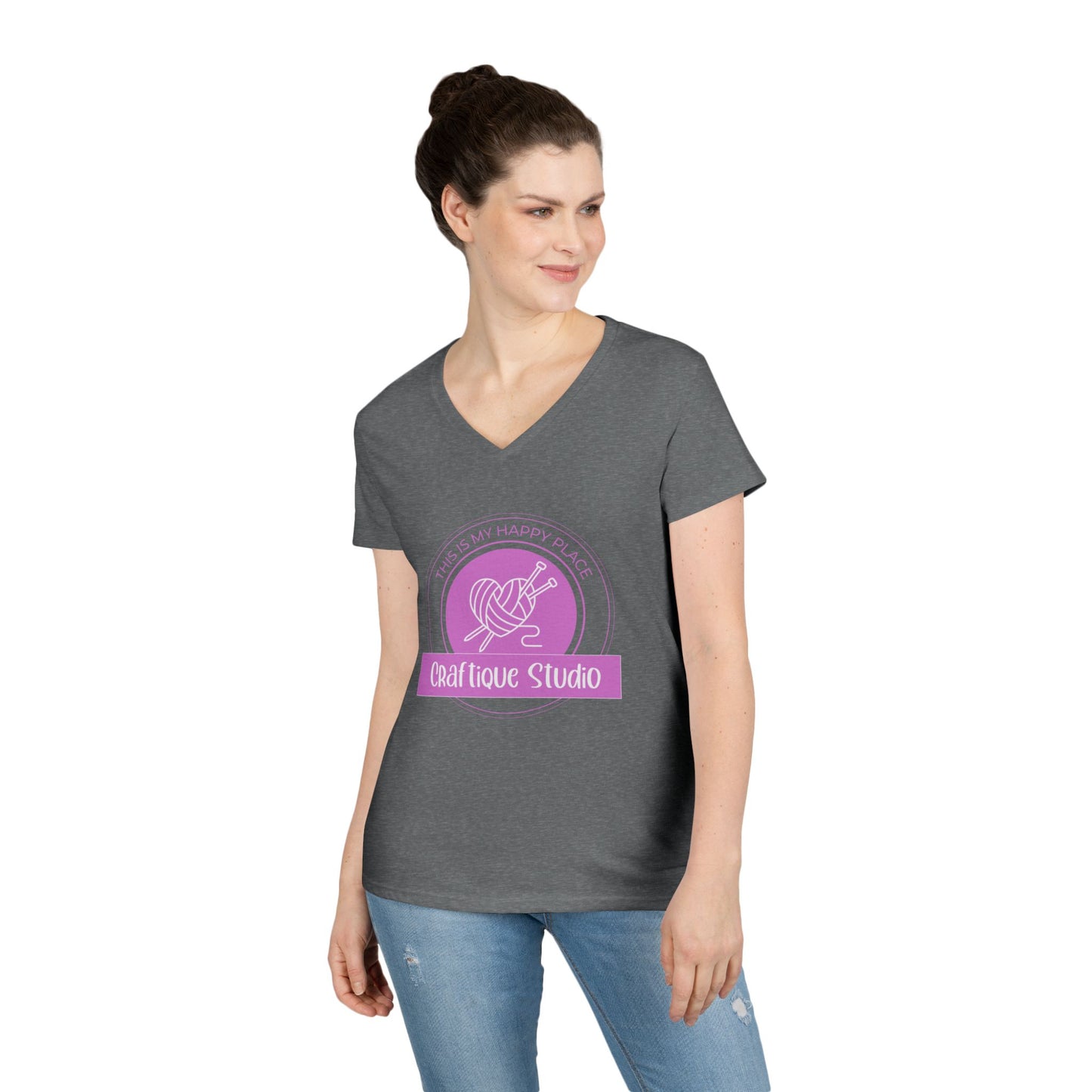 Craftique Studio Knitting Logo V-Neck Tee — Women’s Knitting Crochet T‑Shirt