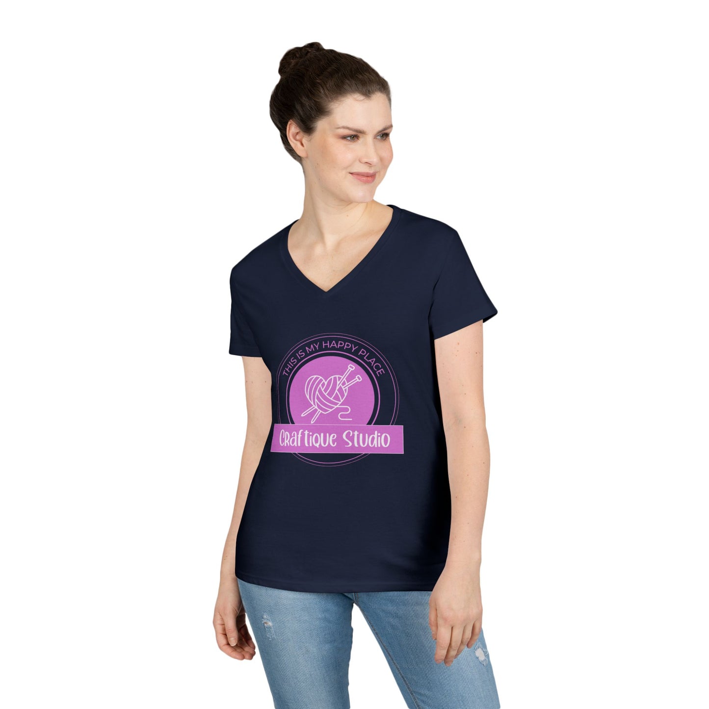 Craftique Studio Knitting Logo V-Neck Tee — Women’s Knitting Crochet T‑Shirt