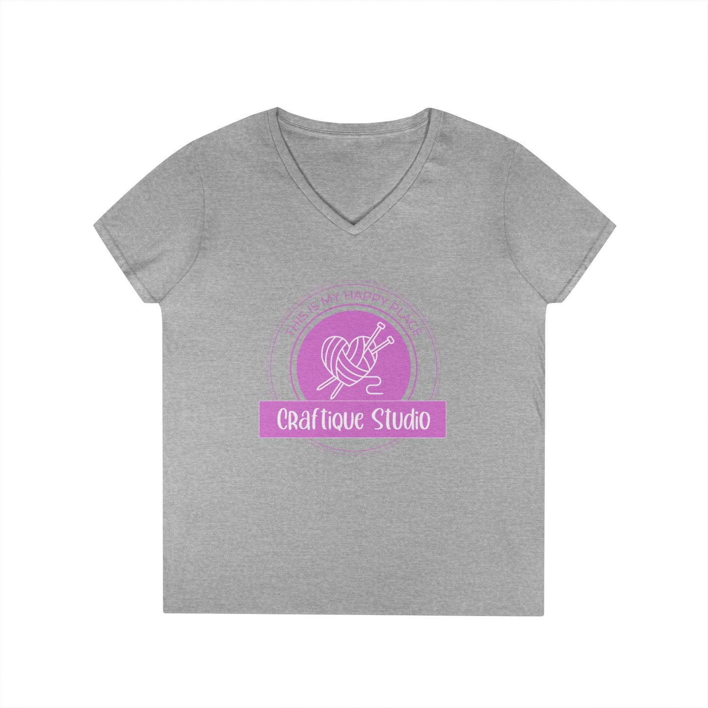 Craftique Studio Knitting Logo V-Neck Tee — Women’s Knitting Crochet T‑Shirt