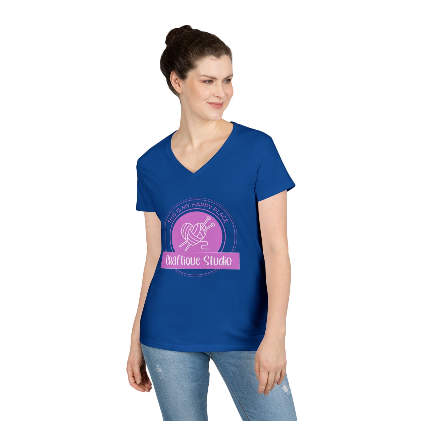 Craftique Studio Knitting Logo V-Neck Tee — Women’s Knitting Crochet T‑Shirt