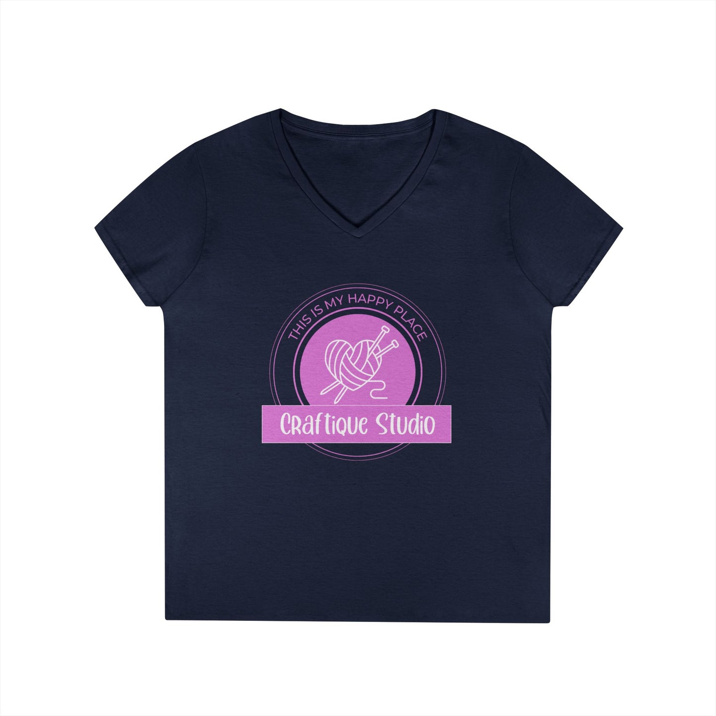 Craftique Studio Knitting Logo V-Neck Tee — Women’s Knitting Crochet T‑Shirt